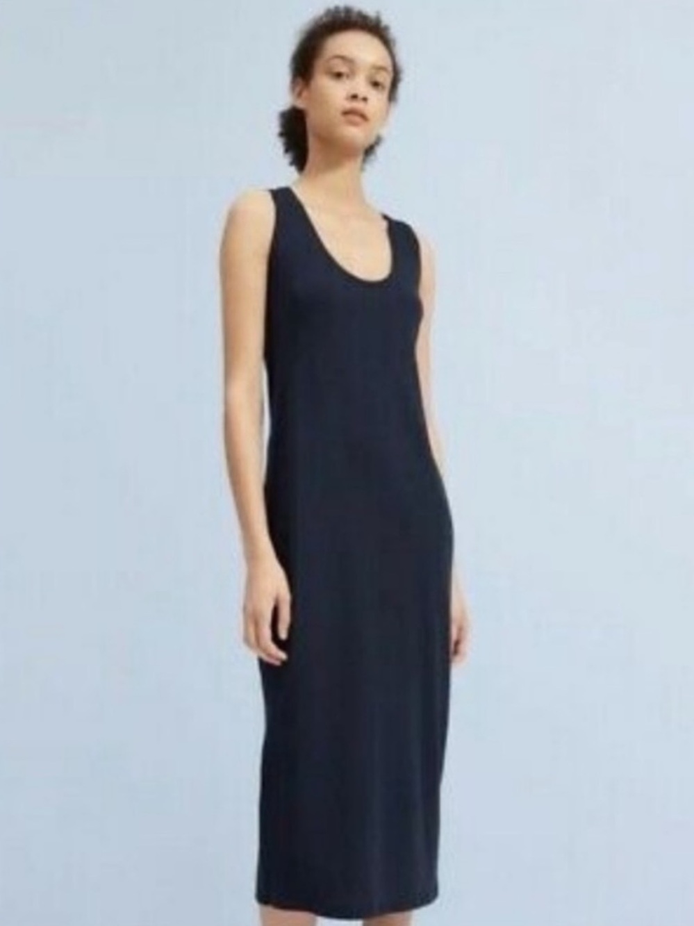 Everlane 100% cotton navy blue sleeveless scoop neck shin length midi dress